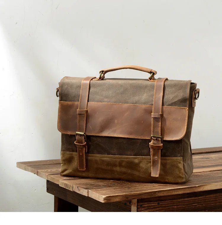 new waterproof oil wax canvas with leather briefcase retro business men's bag shoulder messenger portable Patchwork bag