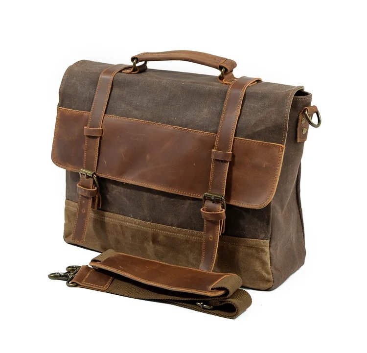 new waterproof oil wax canvas with leather briefcase retro business men's bag shoulder messenger portable Patchwork bag