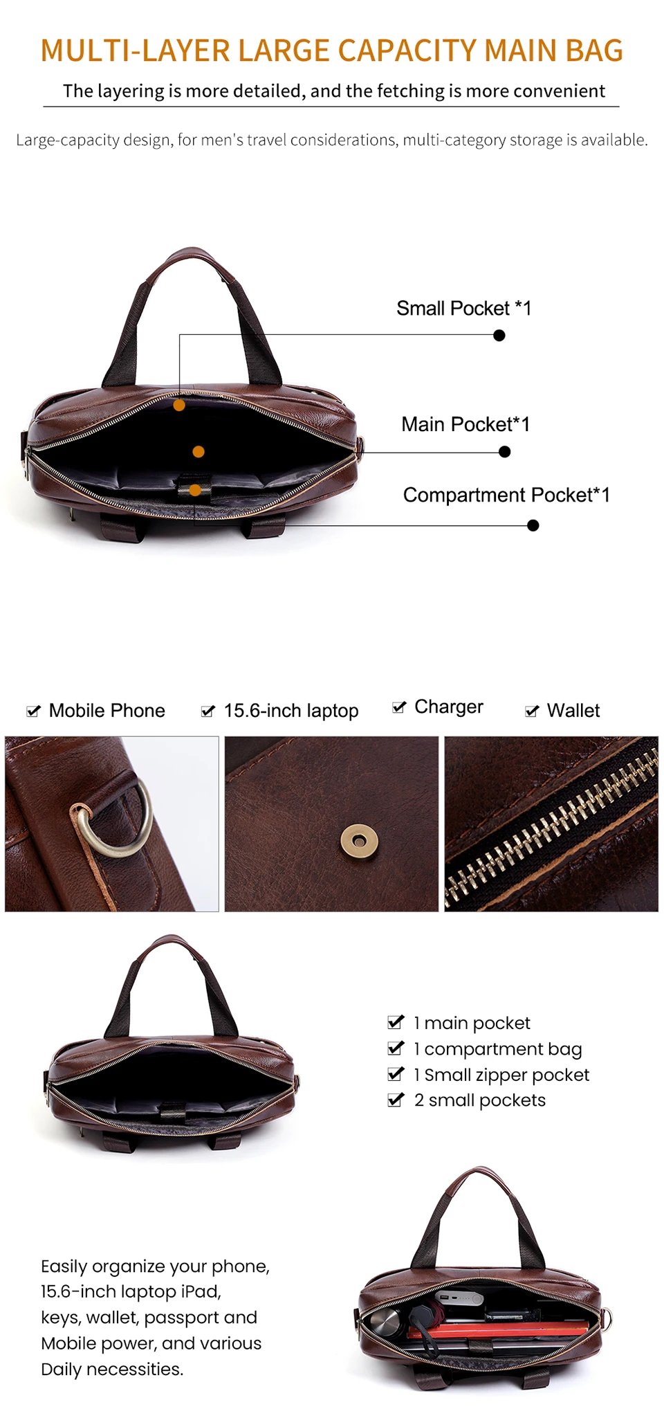 Genuine Leather Laptop Briefcase for Men Retro Travel Messenger Bags 15.6 Inch High Capacity Computer Shoulder Bag