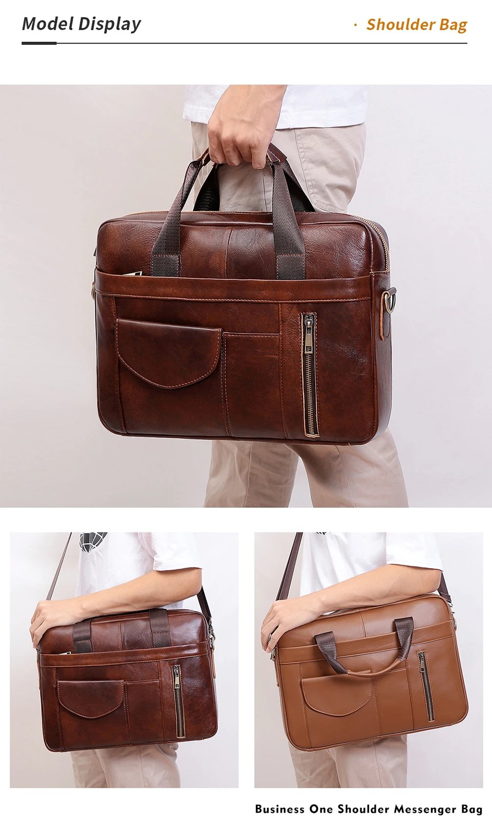 Genuine Leather Laptop Briefcase for Men Retro Travel Messenger Bags 15.6 Inch High Capacity Computer Shoulder Bag