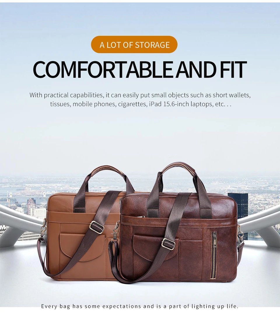 Genuine Leather Laptop Briefcase for Men Retro Travel Messenger Bags 15.6 Inch High Capacity Computer Shoulder Bag