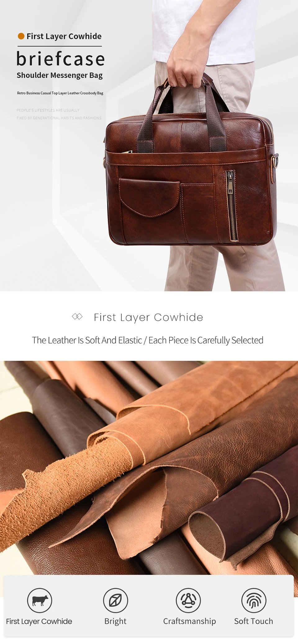 Genuine Leather Laptop Briefcase for Men Retro Travel Messenger Bags 15.6 Inch High Capacity Computer Shoulder Bag
