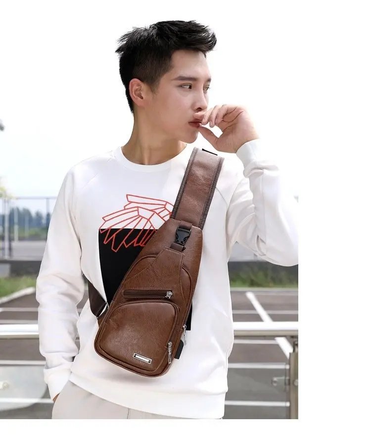 New USB Charging Chest Bag with Headset Hole Mens Multifunction Single Strap Anti Theft Chest Bag with Adjustable Shoulder Strap