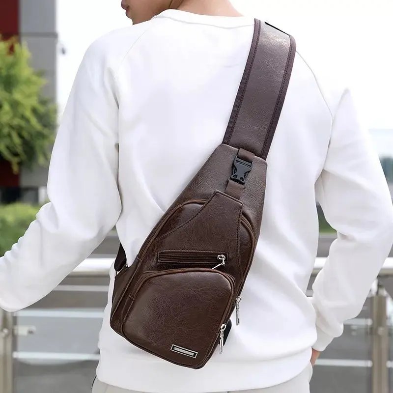 New USB Charging Chest Bag with Headset Hole Mens Multifunction Single Strap Anti Theft Chest Bag with Adjustable Shoulder Strap