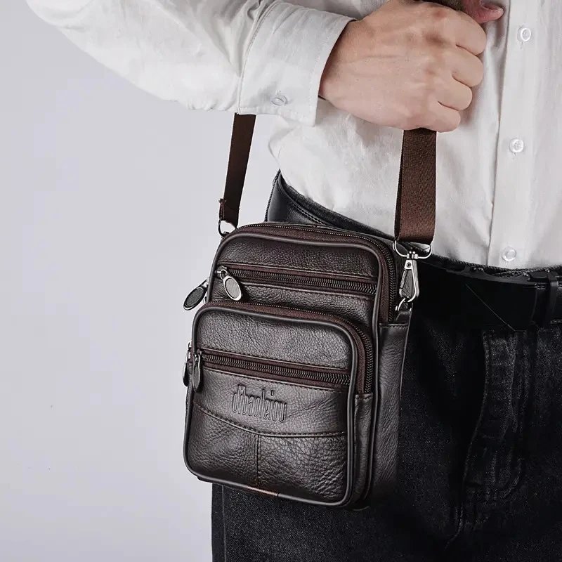 Men's New Genuine Leather Crossbody Bag Vertical Trendy Multifunctional Shoulder Bag Briefcase Casual Travel Messenger Bag