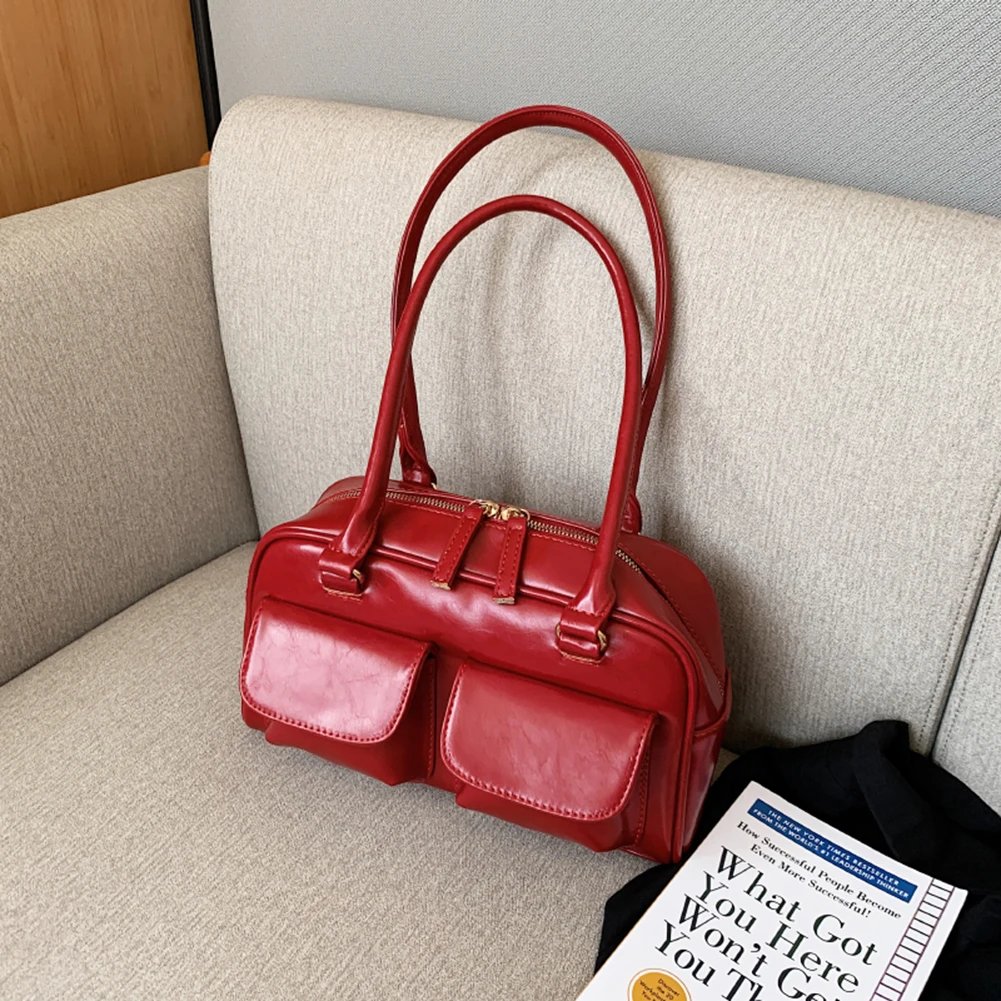 Retro Red Women's Satchel Hobo Bag Patent Leather Multi Pocket Luxury Designer Handbag Female Shoulder Underarm Bag Tote Purses