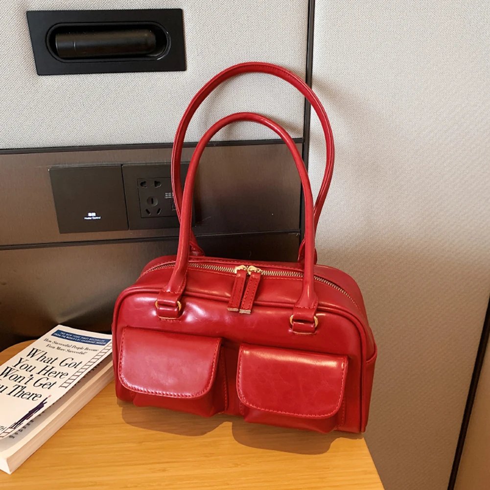 Retro Red Women's Satchel Hobo Bag Patent Leather Multi Pocket Luxury Designer Handbag Female Shoulder Underarm Bag Tote Purses