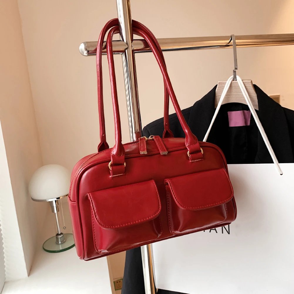 Retro Red Women's Satchel Hobo Bag Patent Leather Multi Pocket Luxury Designer Handbag Female Shoulder Underarm Bag Tote Purses