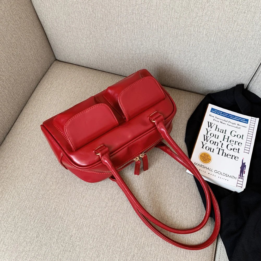 Retro Red Women's Satchel Hobo Bag Patent Leather Multi Pocket Luxury Designer Handbag Female Shoulder Underarm Bag Tote Purses