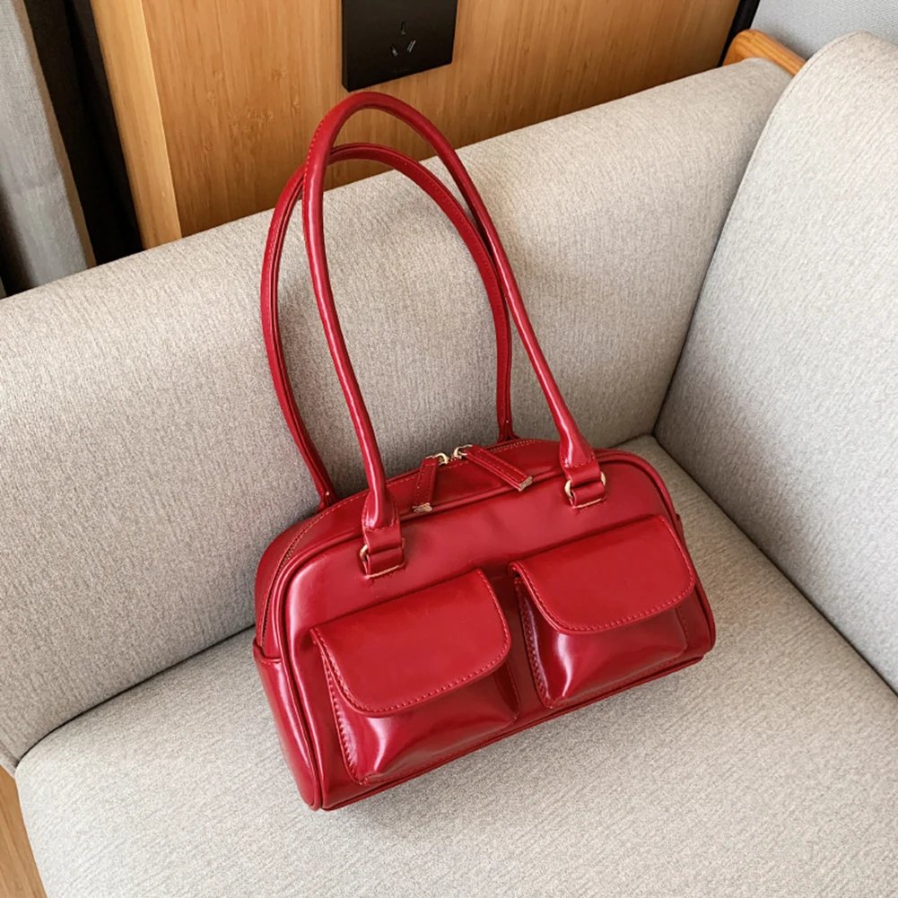 Retro Red Women's Satchel Hobo Bag Patent Leather Multi Pocket Luxury Designer Handbag Female Shoulder Underarm Bag Tote Purses