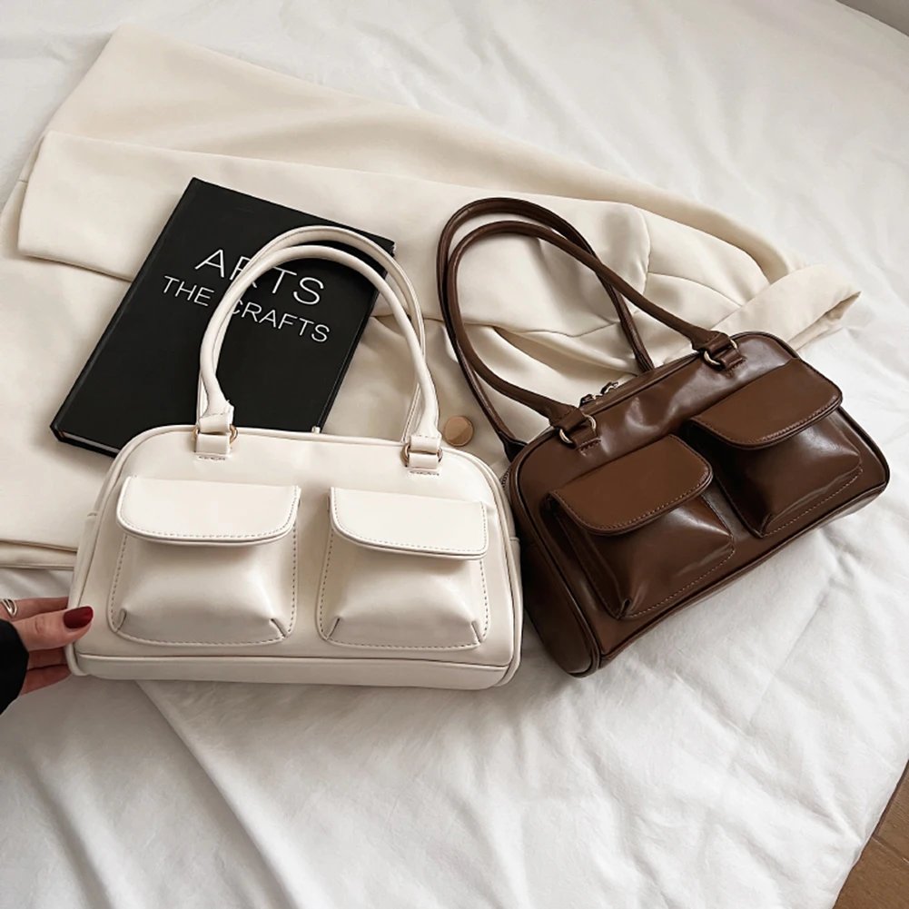 Retro Red Women's Satchel Hobo Bag Patent Leather Multi Pocket Luxury Designer Handbag Female Shoulder Underarm Bag Tote Purses