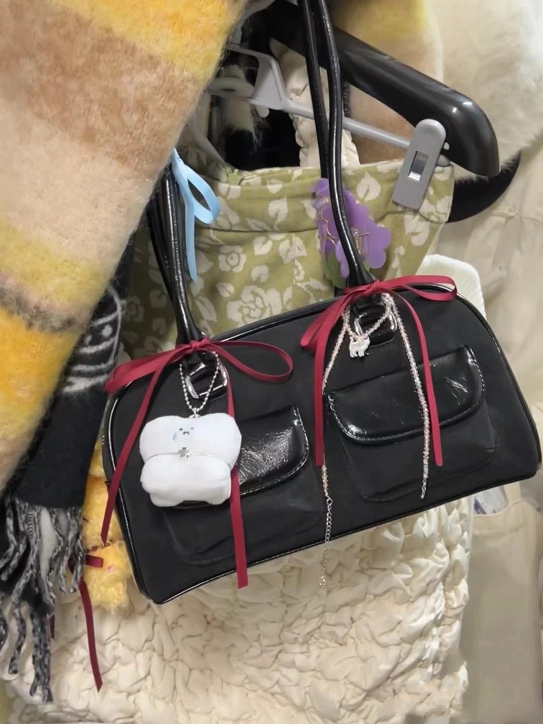 Korean Fashion Womens Shoulder Bag Pure Black Faux Suede Bowling Handbag Casual Luxury Vintage 2024 New Boston Tote Bag