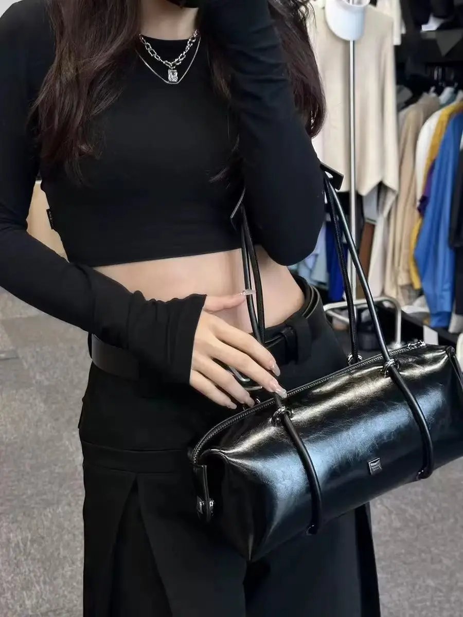 Women Vintage Boston Handbag Pu Leather Motor Tyle Pillow Shoulder Bag Large Capacity Simple Black Square Bags for Hot Girl New