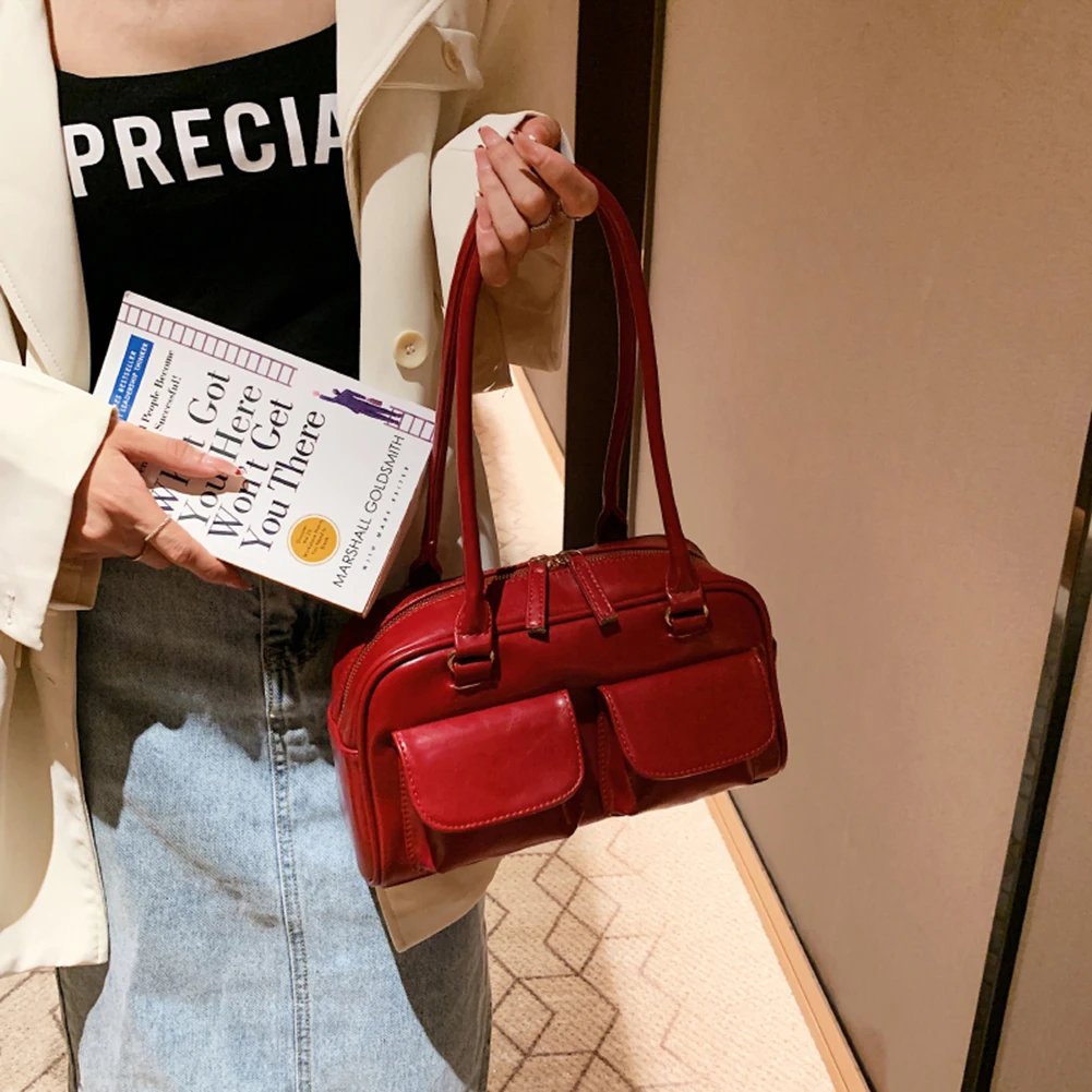 Retro Red Women Shoulder Underarm Bags PU Leather Multi Pocket Ladies Satchel Hobo Bag Luxury Designer Handbag Female Tote Purse