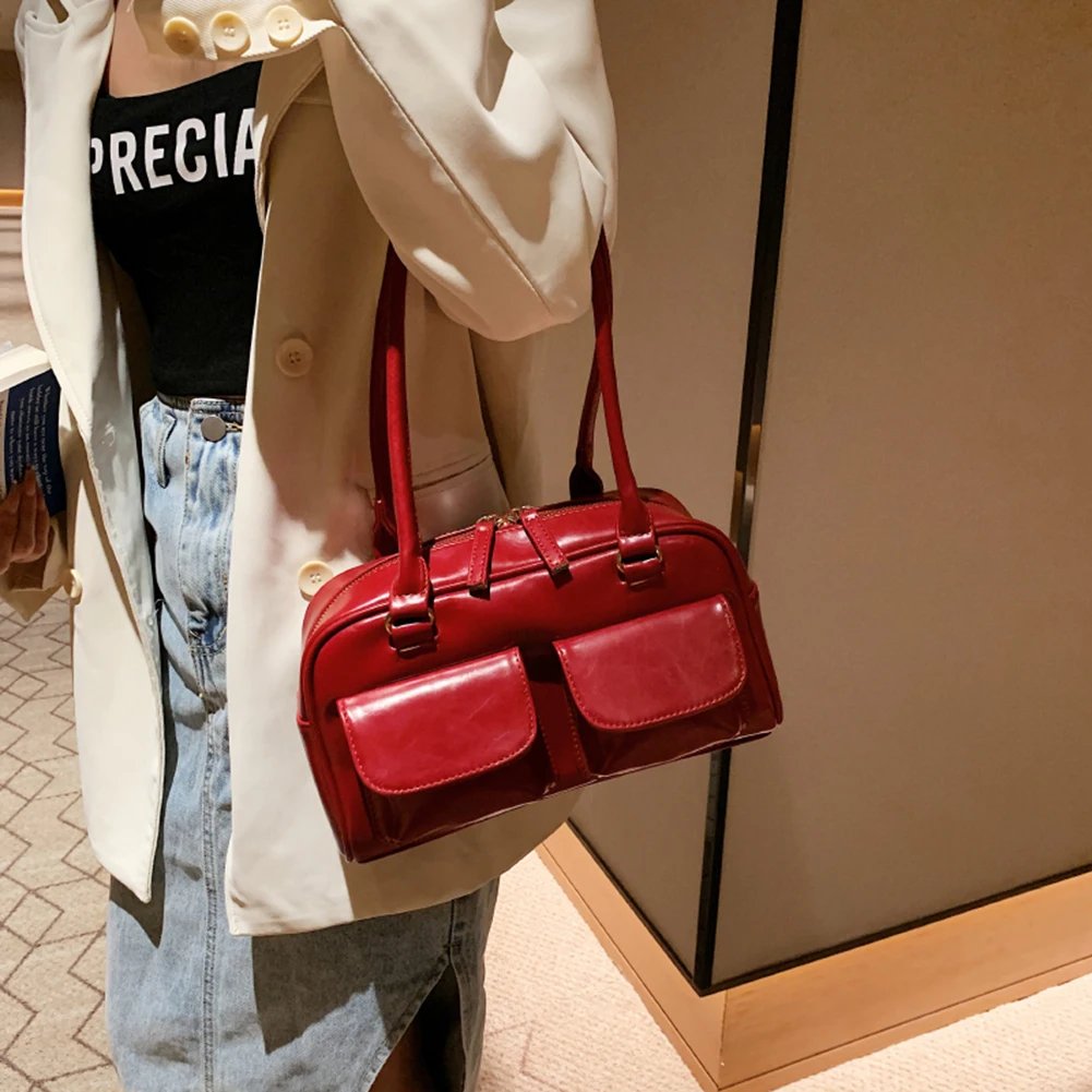 Retro Red Women Shoulder Underarm Bags PU Leather Multi Pocket Ladies Satchel Hobo Bag Luxury Designer Handbag Female Tote Purse