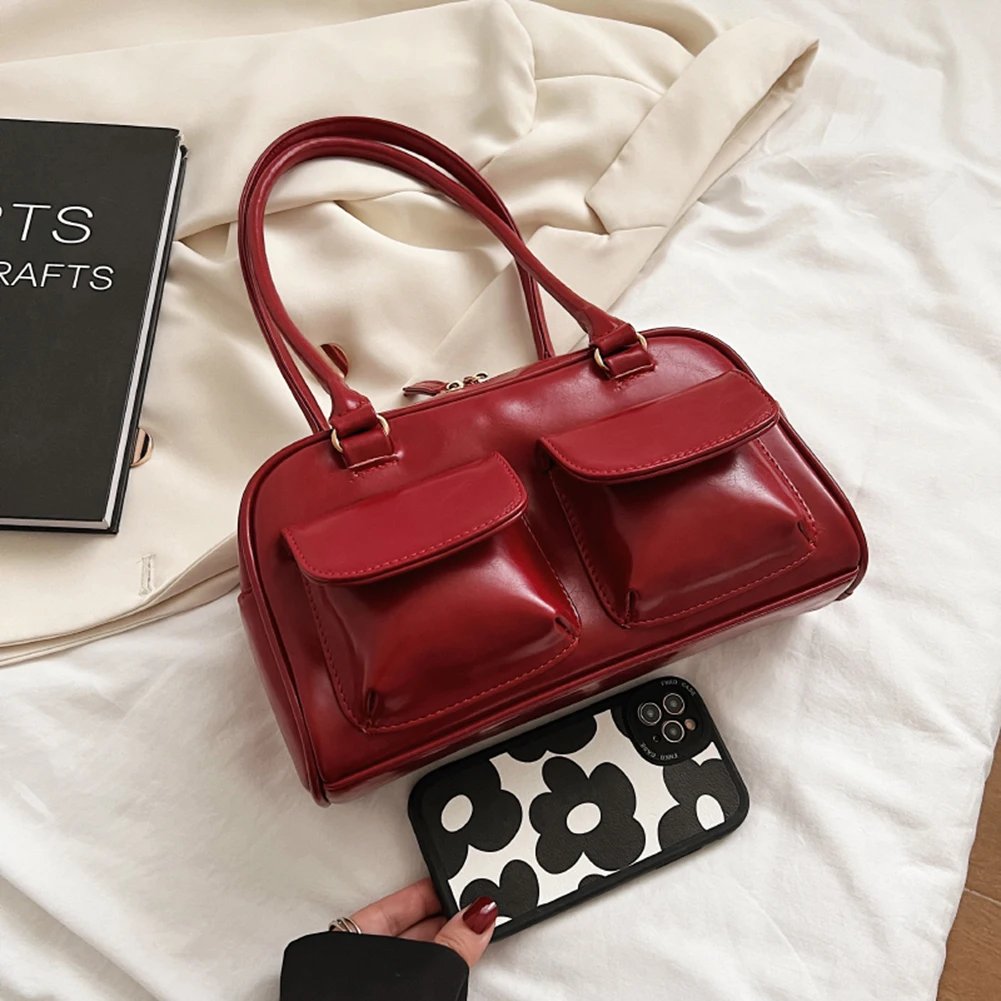 Retro Red Women Shoulder Underarm Bags PU Leather Multi Pocket Ladies Satchel Hobo Bag Luxury Designer Handbag Female Tote Purse