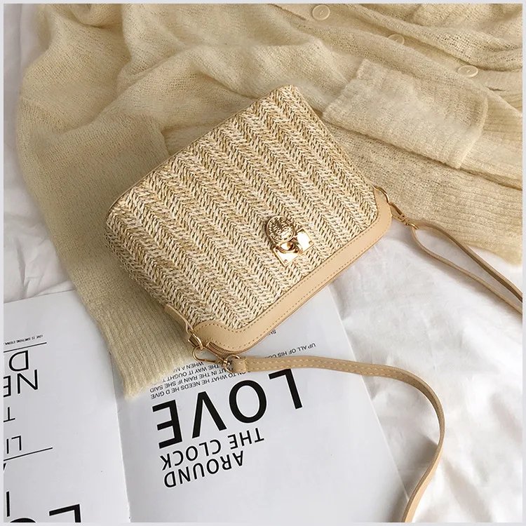 Casual Chains Straw Bucket Bags 2023 Women Summer Messenger Bag Rattan Bags Beach Lady Travel Purses and Handbags Shoulder Bag