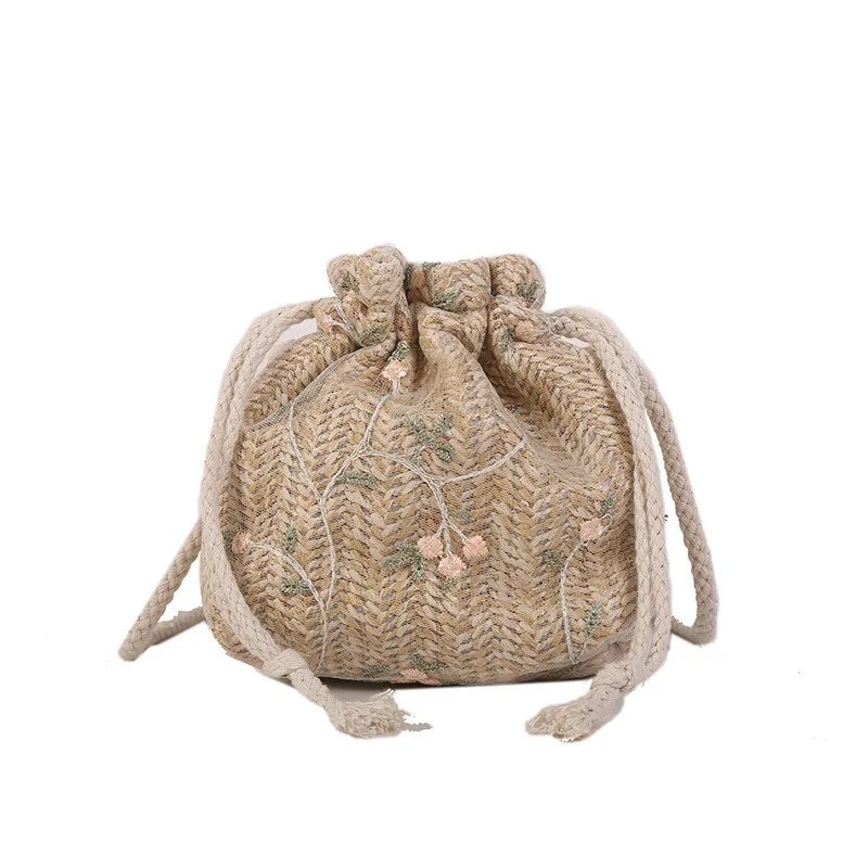Fashion Small Shoulder Bags  Women Drawstring Straw Beach Bags Flower Embroidery Bags Ladies Lace Crossbody Handbags for Travel