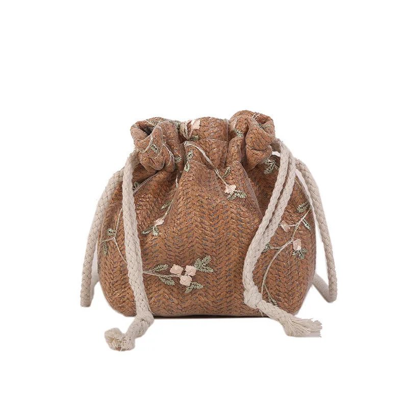 Fashion Small Shoulder Bags  Women Drawstring Straw Beach Bags Flower Embroidery Bags Ladies Lace Crossbody Handbags for Travel