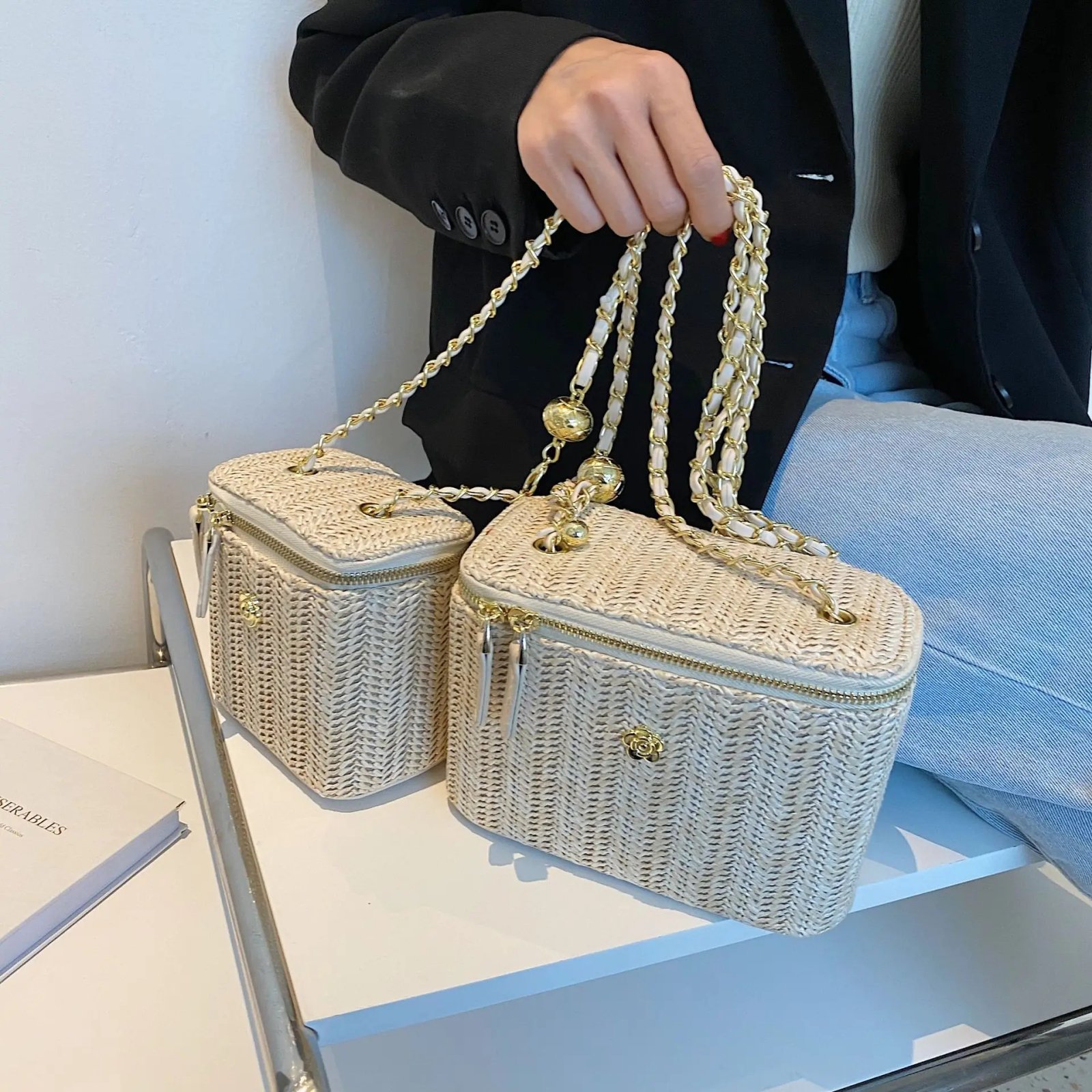 Mini Straw Bucket Crossbody bag For Women 2021 Summer Weave Women's Brand Handbags And Purses Fashion Chain Simple Shoulder Bags