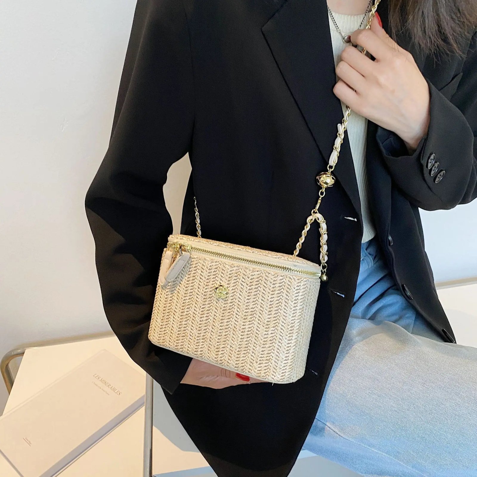 Mini Straw Bucket Crossbody bag For Women 2021 Summer Weave Women's Brand Handbags And Purses Fashion Chain Simple Shoulder Bags