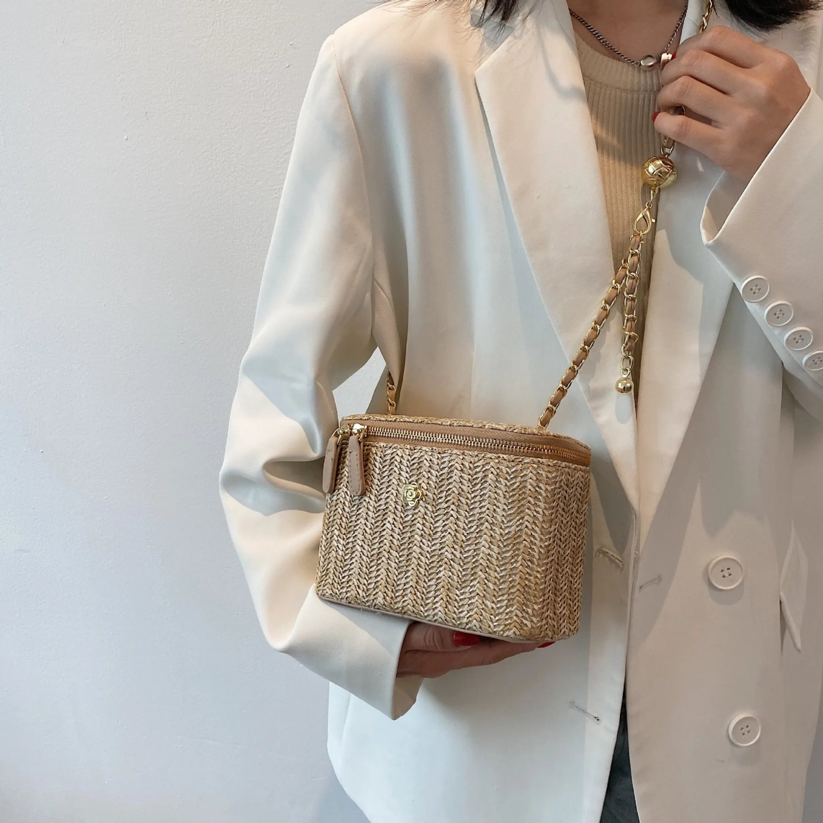 Mini Straw Bucket Crossbody bag For Women 2021 Summer Weave Women's Brand Handbags And Purses Fashion Chain Simple Shoulder Bags