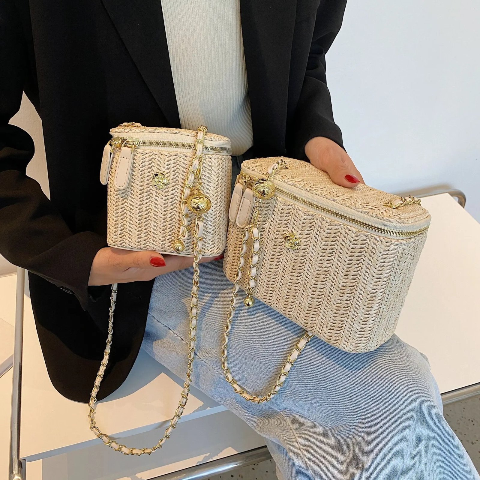 Mini Straw Bucket Crossbody bag For Women 2021 Summer Weave Women's Brand Handbags And Purses Fashion Chain Simple Shoulder Bags