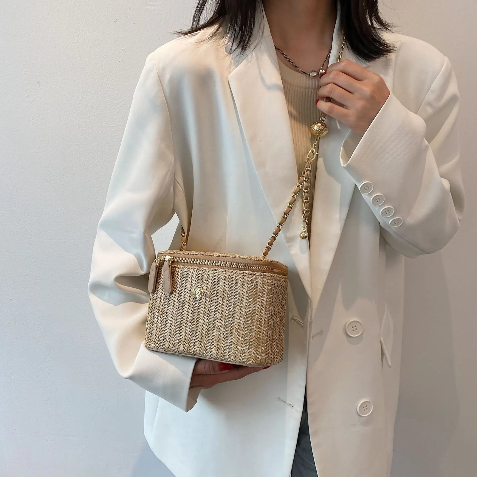Mini Straw Bucket Crossbody bag For Women 2021 Summer Weave Women's Brand Handbags And Purses Fashion Chain Simple Shoulder Bags