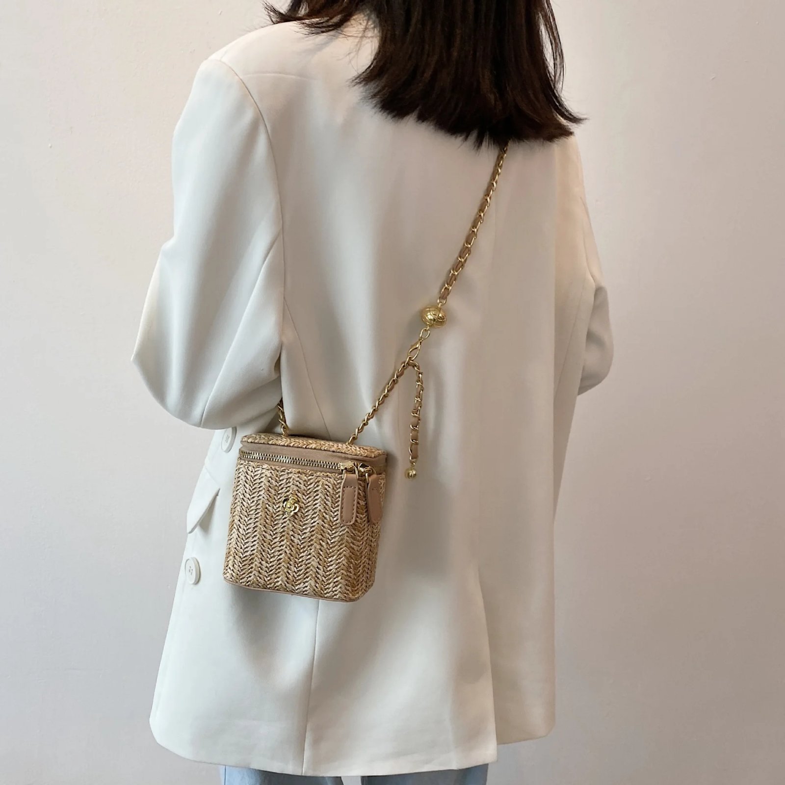 Mini Straw Bucket Crossbody bag For Women 2021 Summer Weave Women's Brand Handbags And Purses Fashion Chain Simple Shoulder Bags