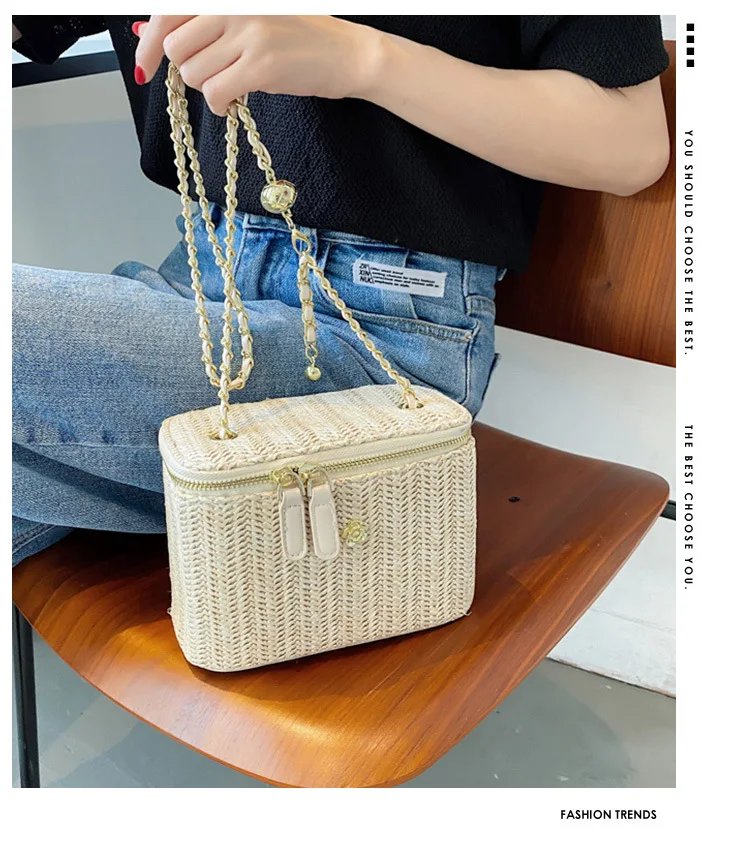 Mini Straw Bucket Crossbody bag For Women 2021 Summer Weave Women's Brand Handbags And Purses Fashion Chain Simple Shoulder Bags