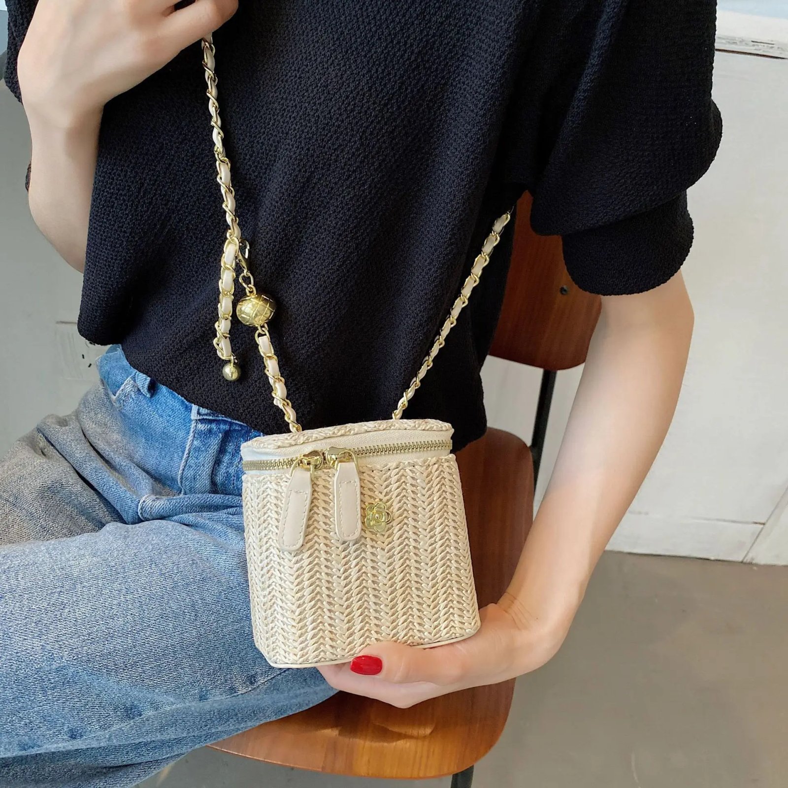 Mini Straw Bucket Crossbody bag For Women 2021 Summer Weave Women's Brand Handbags And Purses Fashion Chain Simple Shoulder Bags