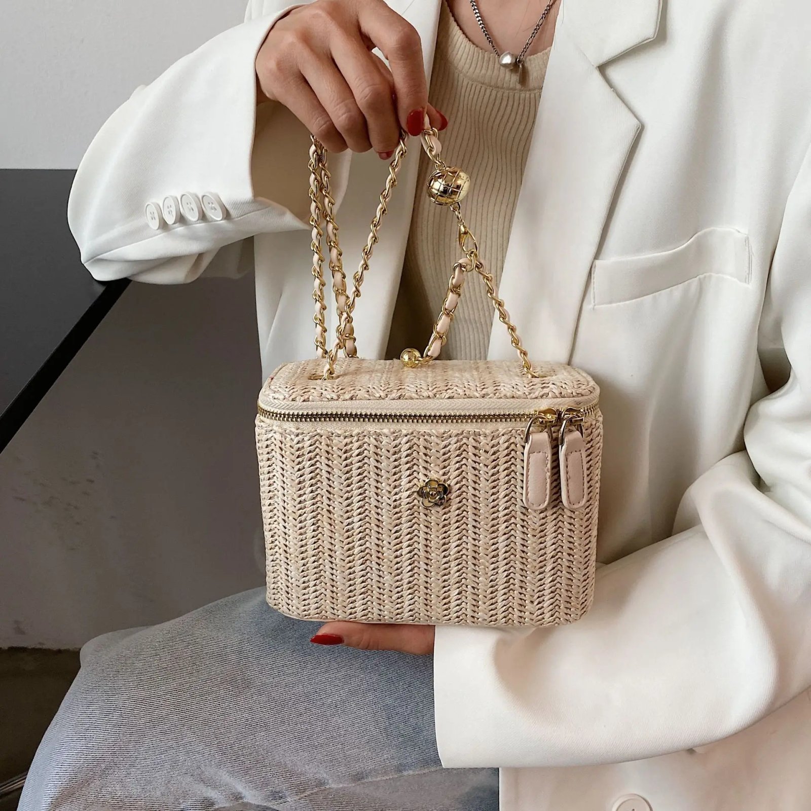 Mini Straw Bucket Crossbody bag For Women 2021 Summer Weave Women's Brand Handbags And Purses Fashion Chain Simple Shoulder Bags