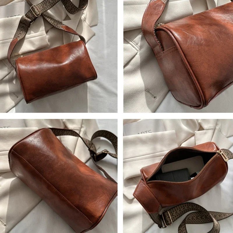 Vintage Shoulder Bag for Women Fashion Wide Strap Crossbody Bag Retro Pillow Messenger Handbag Ladies Tote Clutchs Purses Tote