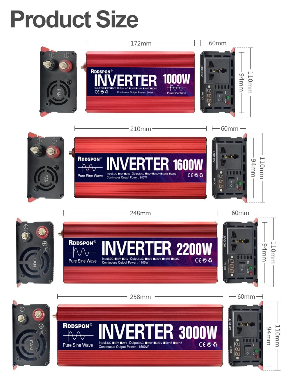 Pure Sine Wave Inverter Portable Power banks Converter DC 12v To AC 110V 220V Solar Inverter Peak Power 1000W 1600W 2000W 3000W