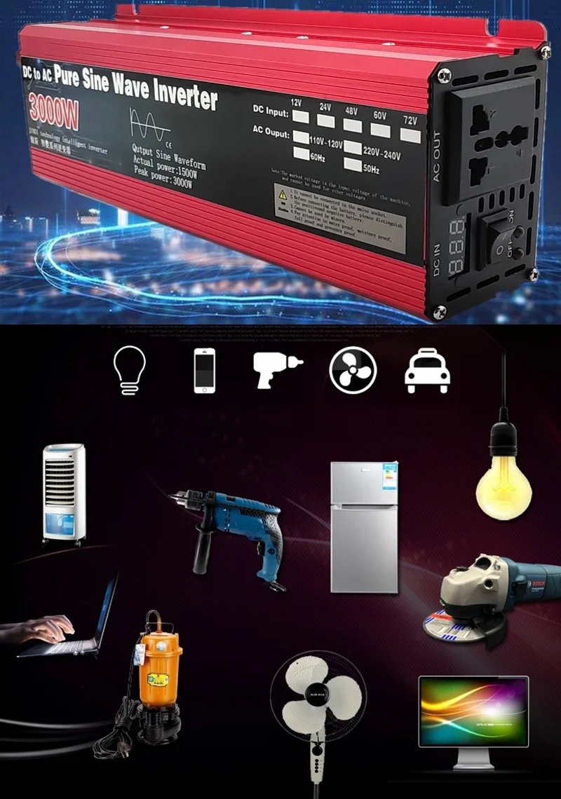 Pure Sine Wave Inverter DC 12v/24v To AC 110V/220V 1000W 1600W 2000W 3000W Portable Power Bank Converter Solar Inverter Pure Sine Wave Inverter DC 12v/24v To AC 110V/220V 1000W 1600W 2000W 3000W Portable Power Bank Converter Solar Inverter