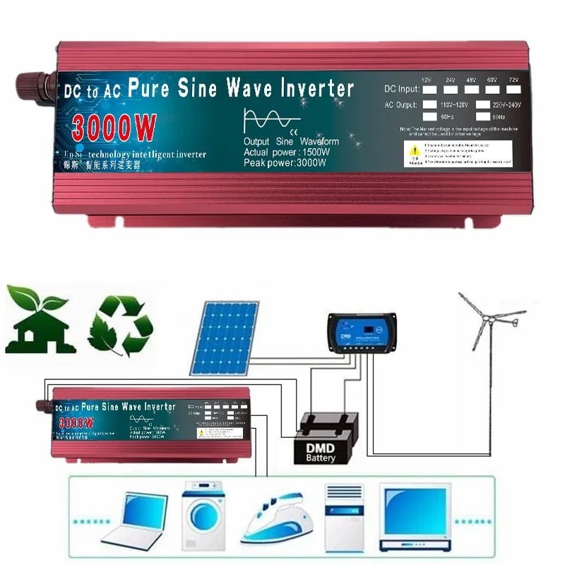 Pure Sine Wave Inverter DC 12v/24v To AC 110V/220V 1000W 1600W 2000W 3000W Portable Power Bank Converter Solar Inverter Pure Sine Wave Inverter DC 12v/24v To AC 110V/220V 1000W 1600W 2000W 3000W Portable Power Bank Converter Solar Inverter