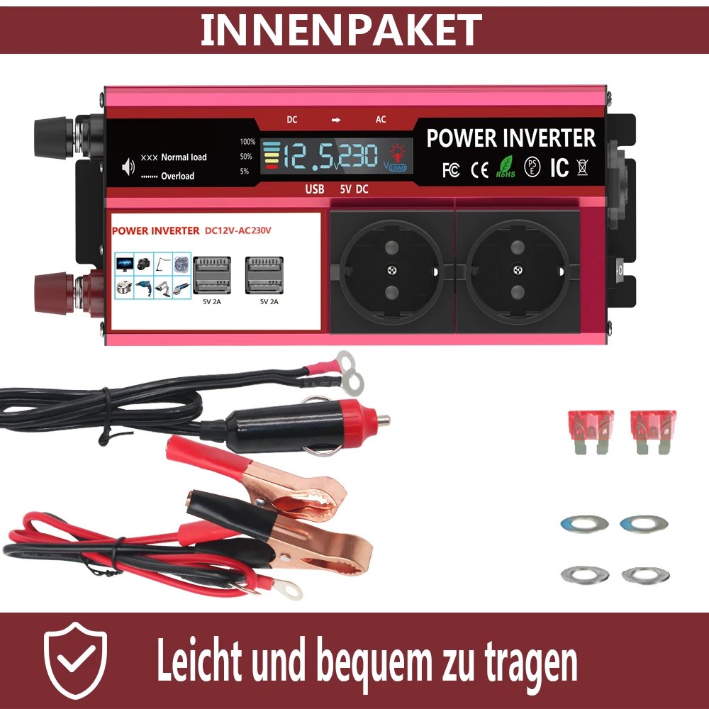 12V To 220V 4000W Power Inverter LCD Display EU Socket Solar Inverter Dual USB Fast Charging for Phone Laptops Car