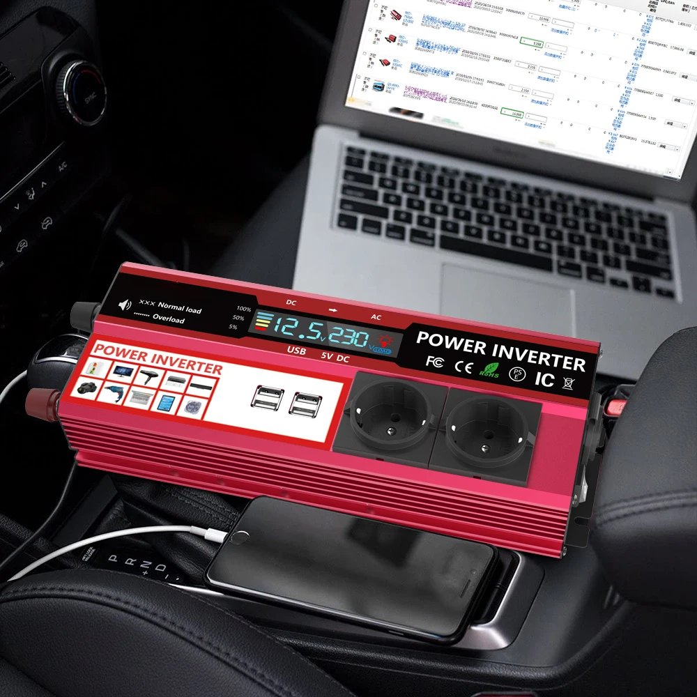12V To 220V 4000W Power Inverter LCD Display EU Socket Solar Inverter Dual USB Fast Charging for Phone Laptops Car