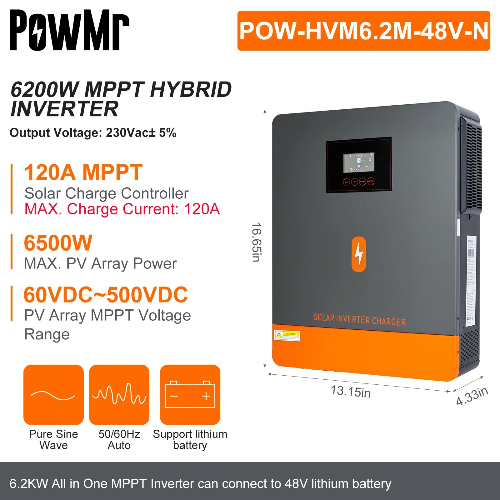 6.2KW 4.2KW MPPT Solar Inverter With 120A Solar Charge Controller All in One 230V Dual AC Output PV 60~500VDC Support WIFI 6.2KW 4.2KW MPPT Solar Inverter With 120A Solar Charge Controller All in One 230V Dual AC Output PV 60~500VDC Support WIFI