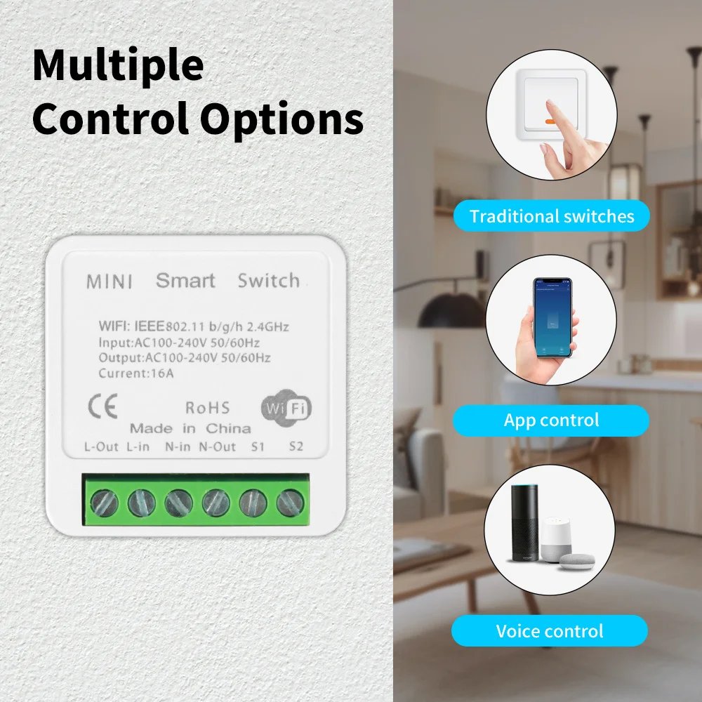 Tuya Mini Wifi Smart Switch Module Support 2 Way Control Smart Home DIY Switches Smart Life APP Alexa Google Home Voice Control