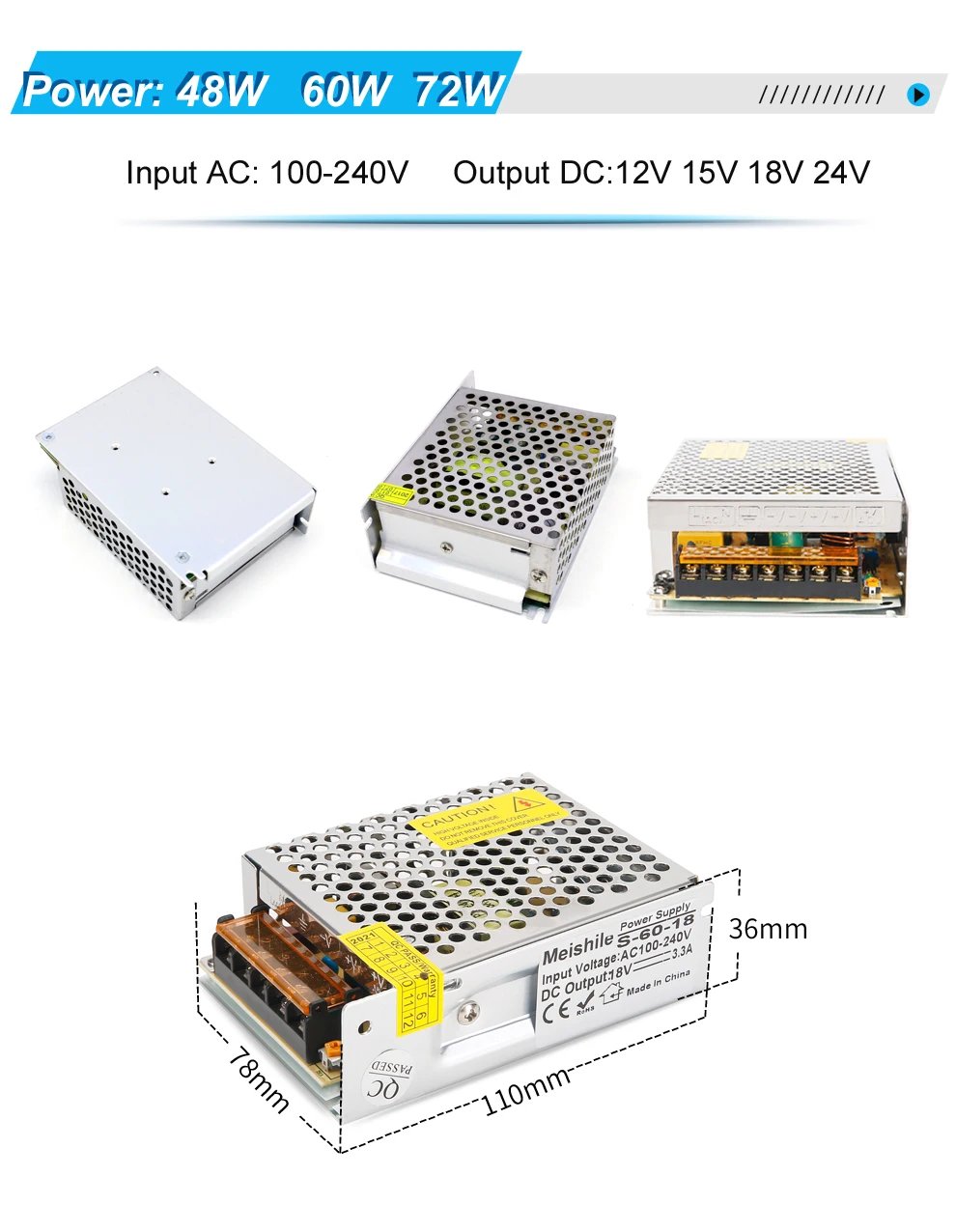 DC 5V 12V 24V 36V 48V 60V Switching Power Supply 2A 3A 4A 5A 8A 10A 15A 20A 25A 30A 40A 50A 60A 100A Transformer Power Adapter