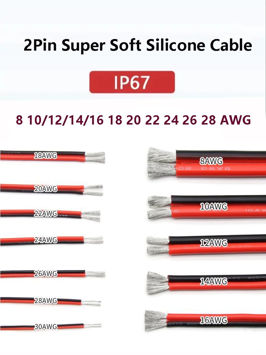 Super Soft 2 Pin Black Red Silicone Cable 28awg 26 24 22 20 18 16 14 12awg 10awg 8awg High Temperature Resistant Copper Wire