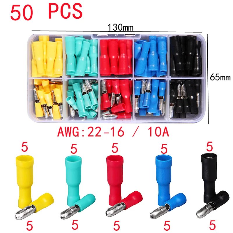 Box,Bullet Type Lnsulated Electrical Connector,Female and Male Wire Connector,Brass Electrical Crimp Terminalss,Car Accessories