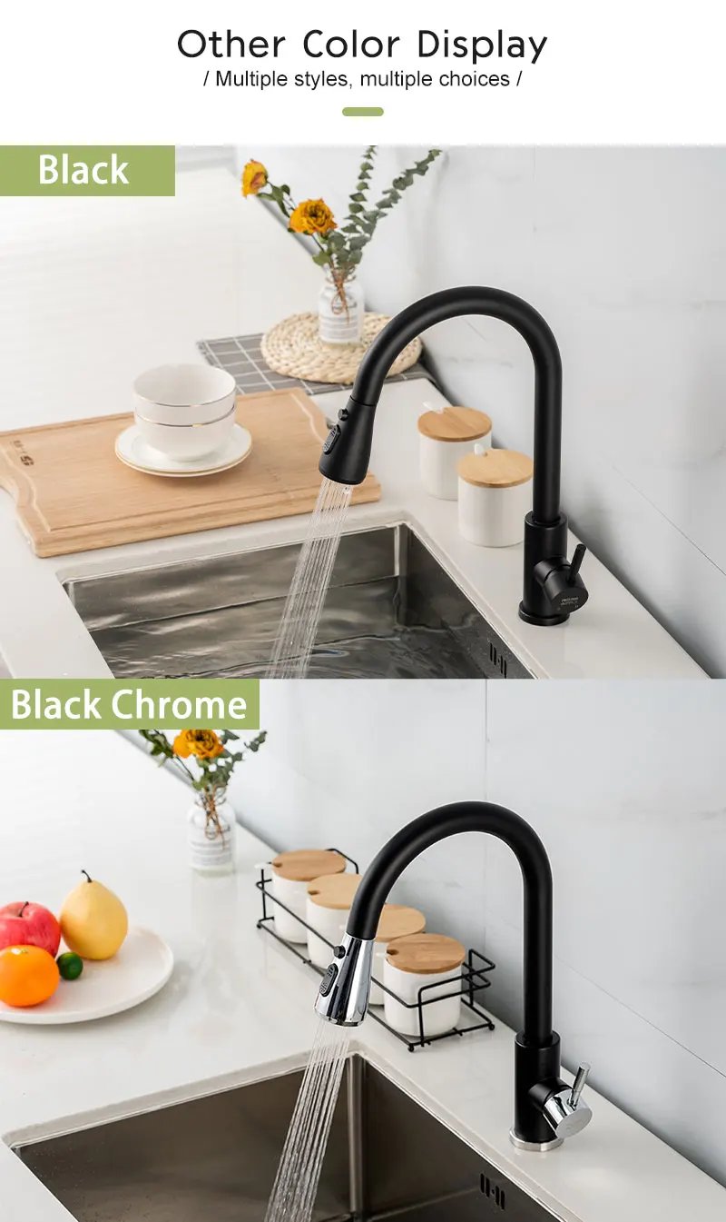 Kitchen Faucets Brushed Nickel Pull Out Kitchen Sink Water Tap Deck Mounted Mixer Stream Sprayer Head Hot Cold Taps Black Chrome