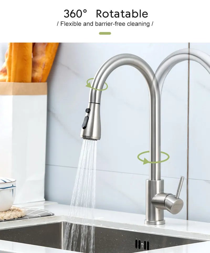 Kitchen Faucets Brushed Nickel Pull Out Kitchen Sink Water Tap Deck Mounted Mixer Stream Sprayer Head Hot Cold Taps Black Chrome