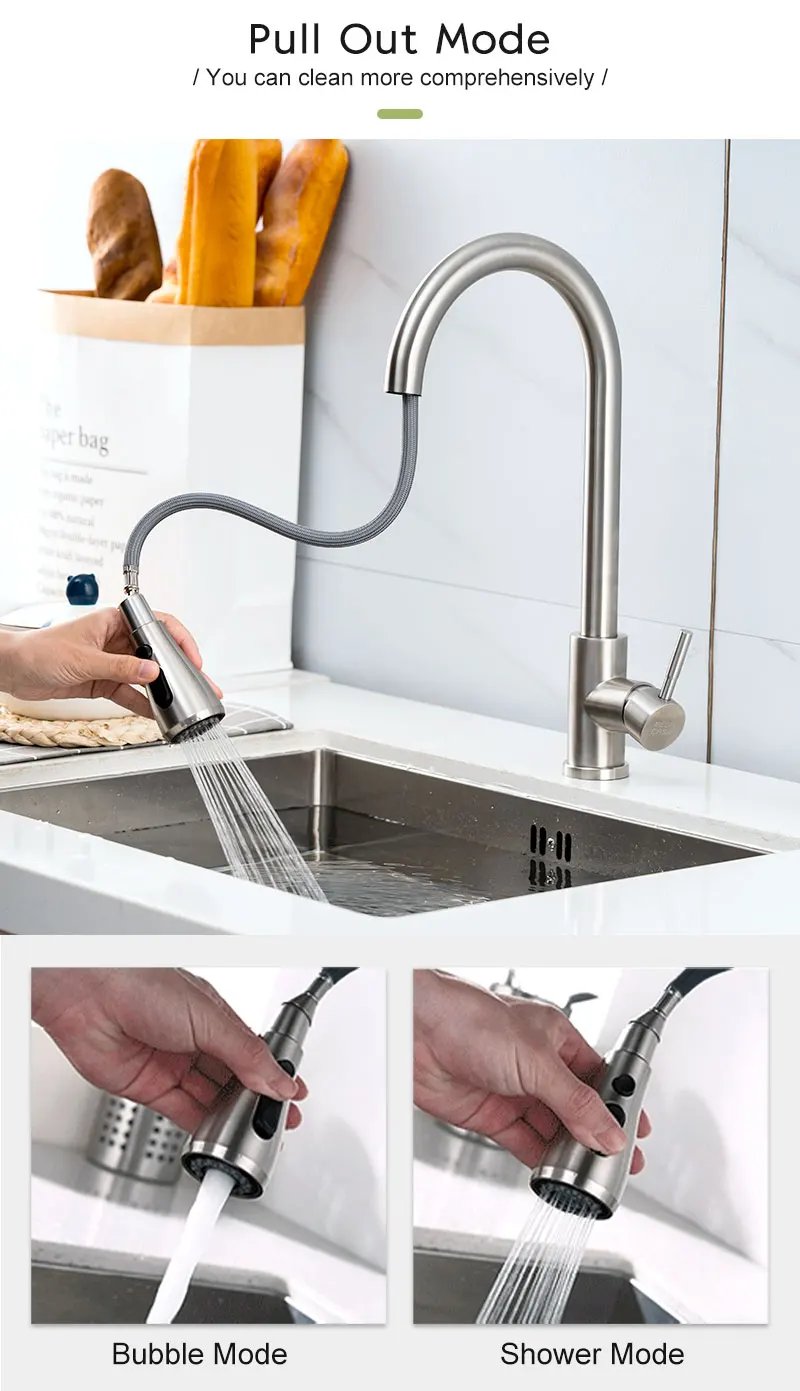 Kitchen Faucets Brushed Nickel Pull Out Kitchen Sink Water Tap Deck Mounted Mixer Stream Sprayer Head Hot Cold Taps Black Chrome