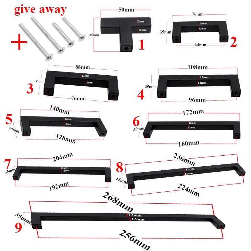 Modern Black Cabinet Handle Square Furniture Hardware Stainless Steel Kitchen Door Knobs Cupboard Wardrobe Drawer Pulls