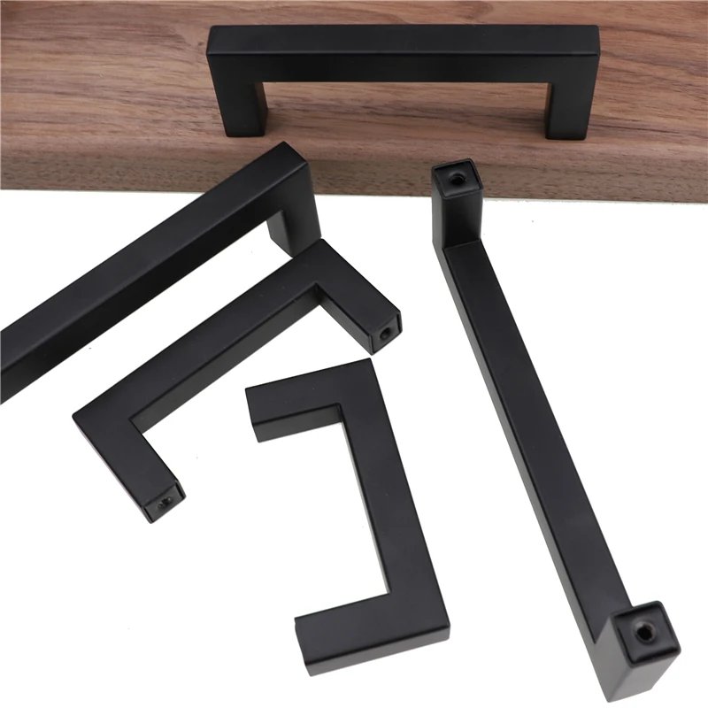 Modern Black Cabinet Handle Square Furniture Hardware Stainless Steel Kitchen Door Knobs Cupboard Wardrobe Drawer Pulls
