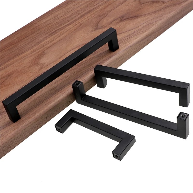 Modern Black Cabinet Handle Square Furniture Hardware Stainless Steel Kitchen Door Knobs Cupboard Wardrobe Drawer Pulls
