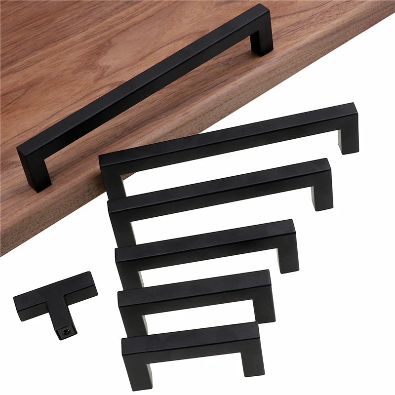 Modern Black Cabinet Handle Square Furniture Hardware Stainless Steel Kitchen Door Knobs Cupboard Wardrobe Drawer Pulls